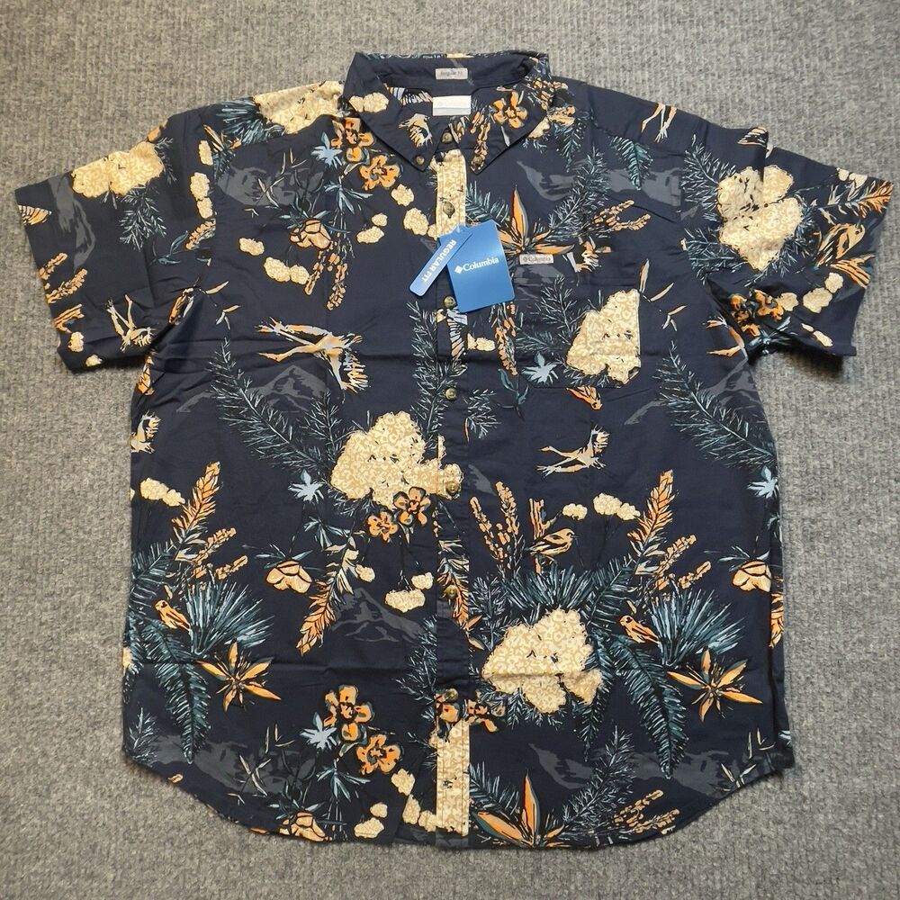 Columbia Mens XL Rapid Rivers Printed Short Sleeve Shirt Collegiate Navy Outback